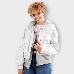 BKE NEW Fate Layered Bleach Washed Denim Hooded Jacket Womens Small Oversized